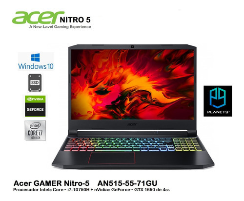 Acer Nitro-5 Gamer I7-10750h 16gb 256gb+1tb 15.6 Gtx 4gb W10 Color Negro