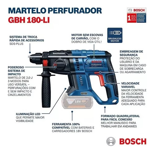 Martelete Bosch Gbh 180-li 18v 2 Baterias Bivolt C/ 8 Acess.