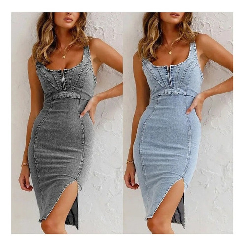 Vestido De Mezclilla Elástico Con Tirantes De Mujer