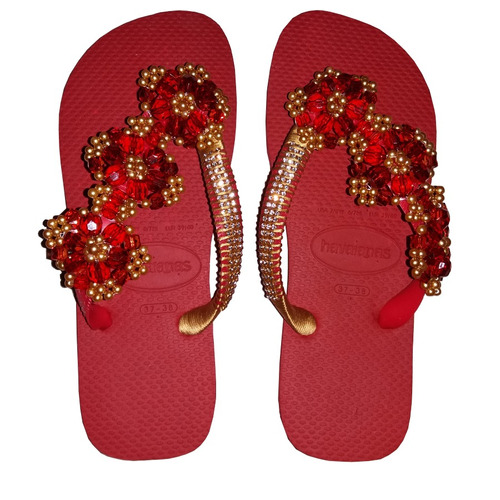 Chinelo Havaianas Decorado Com Pérolas Vermelha Fashion