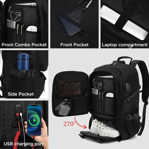Mochila De Viaje Deportiva Gym Impermeable Para Hombre De Grande Capacidad 80l Con Compartimentos Para Zapatos Y Laptop De 18'' Escolar Negro Con Puerto De Carga Usb