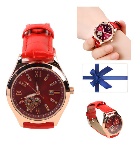 Reloj Mecánico De Cuero Para Mujer Olevs 6636 Color de la correa Wine red