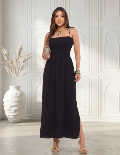 Vestido Longo Feminino Casual Lastex De Alça Fenda Promoção