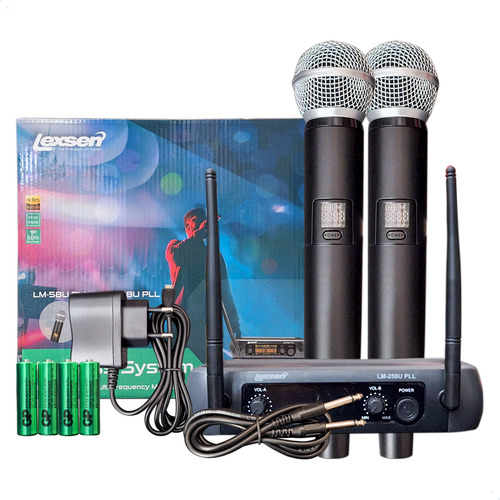 Microfone Sem Fio Lexsen Lm-258pll Duplo Multifrequencial Uh Cor Preto/prata