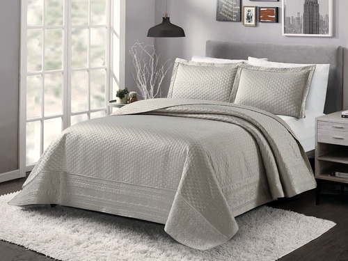 Imagen 4 de 6 de Cubrecama Bordado Importado + 2 Fundas - Vancouver King Gris