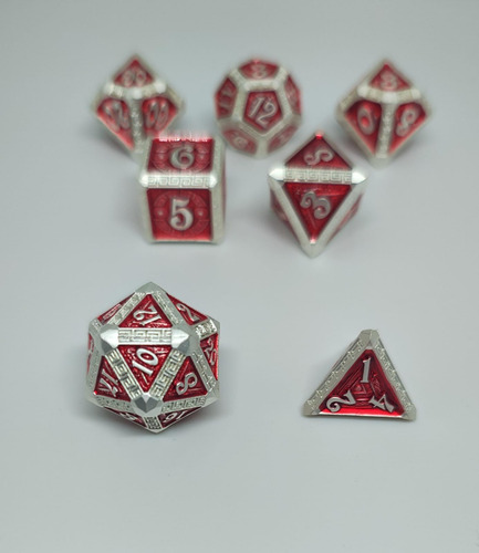 Set Dados De Metal X 7 Rol - #4 Rojo Con Bordes Y Números Plateados