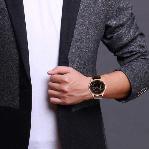 Relógio Masculino Curren Luxo Dourado Pulseira Couro Marrom
