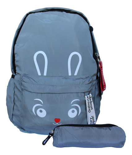 Mochila Juvenil Kawaii Con Cara De Conejo  Estuche Color Gris