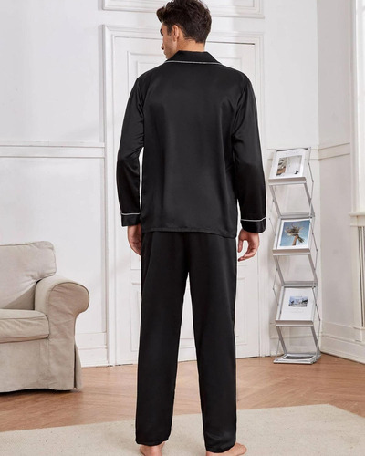Pijama Masculino Americano Cetim De Seda Com Calça Preto