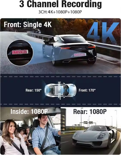 4k Dashcam 3 Cámaras Interior, Del Y Tras 512gb Dvr 4k Wifi