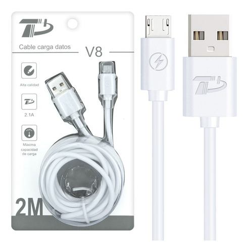 Cable Micro Usb V8 2m Carga Rápida Android Color Blanco