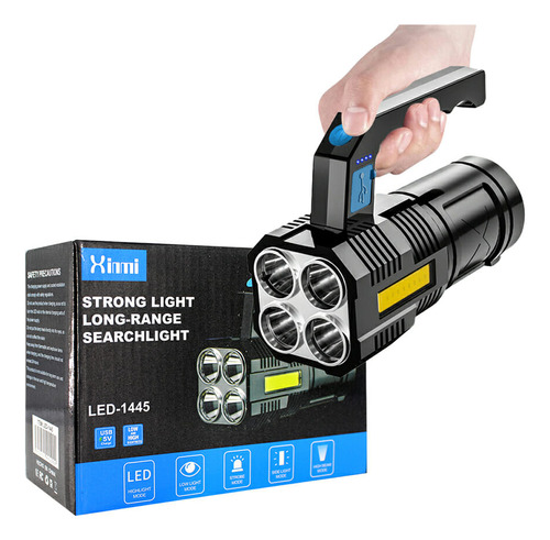 Lámpara Led Recargable De Mano Con 4 Leds De Alta Potencia Linterna Negro
