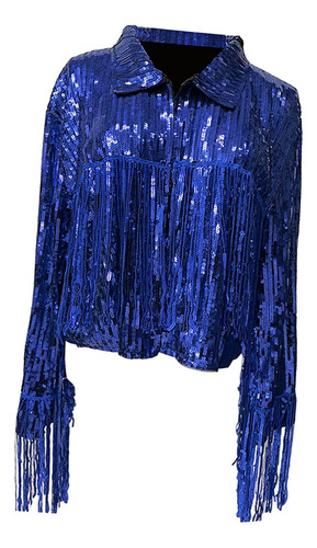 4 Chaqueta Con Borlas De Lentejuelas Para Mujer, Abrigo Azul