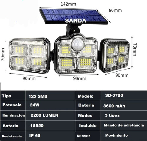 Imagen 2 de 5 de Foco Led Solar 3 Cabezas Giratorias Sensor Movimiento Y Fijo