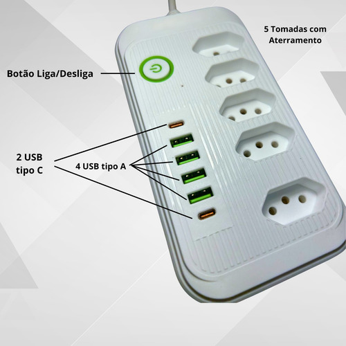 Extensão 5 Tomadas E 4 Usb 1 Pd Led Bivolt Power 110v/220v