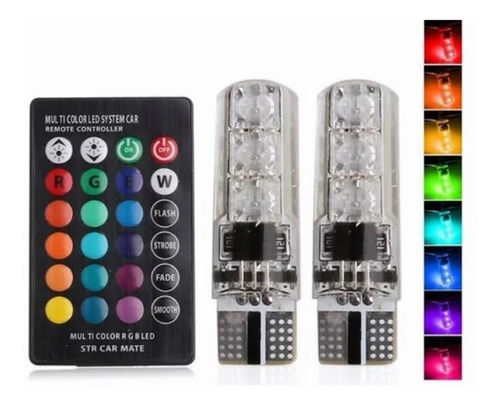 Kit Focos T10 Rgb Con Estrobo Control Remoto Led Pellizco Co