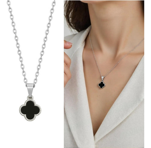 Colar Gargantilha Feminina Trevo Preto Aço Inox Prateado