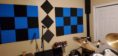 Kit 12 Paneles Smoll Acoustic 30x30x2.5 Espuma Acústica Autoadhesiva Cuña Foam Negro y Azul Esponja Acustica Espuma Calidad Profesional Paneles Acusticos Panel Aislante Acústico