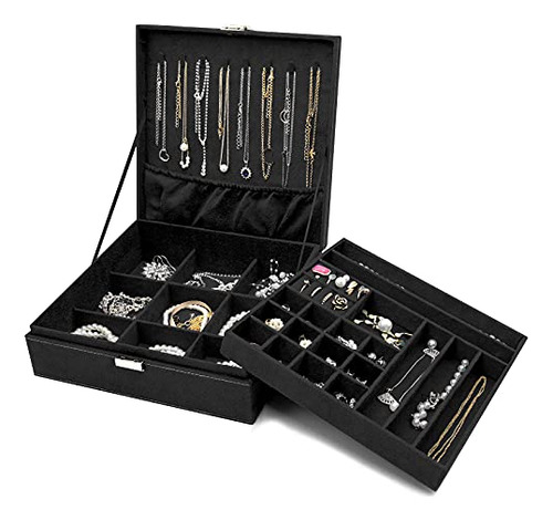 Procase Caja Organizadora De Joyas, Estuche Grande Joyero Aterciopelado De Capa Doble Para Mujeres, 8 Ganchos Regulables Collar Y Tabique Extraíble Para Aretes, Pulseras, Anillos, Relojes -negro