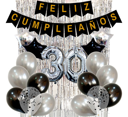 Combo Globos Cumpleaños Perlados Cristal Confeti Plata Negro