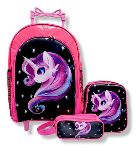 Mochila Unicornio Rodinhas Brilho Pink Glitter Lancheira Kit