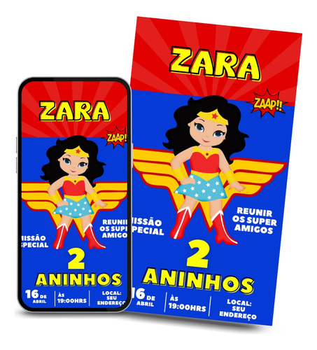 Convite Aniversário Virtual Personalizado Mulher Maravilha