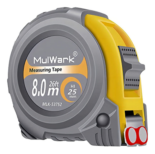 Mulwark - Cinta Métrica De 7.9 M, Escala Métrica/imperial/pulgadas Con Hoja De Metal En Ambos Lados, Gancho De Punta Magnética Y Funda Absorbente De Golpes, Para Construcción, Contratista, Carpintero
