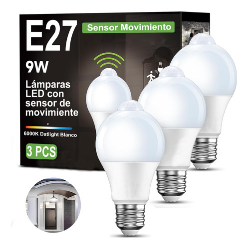 3 Focos Led E27 9w Con Sensor De Luz Encendido Automático