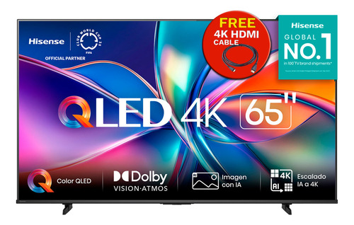 Hisense Pantalla Qled 4k De 65 65qd6qv Vidaa U Compatible Con Alexa ,dolby Vision Atmos, Escalado Ia A 4k, Hdmi, Lan, Wifi. Control De Voz. Bluetooth. (2025) Free Hdmi Cable 4k
