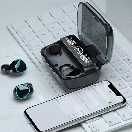 Fone De Ouvido M10 Bt Wireless 5.3 Com Indicador Digital Cor Preto Power Bank 2000mah Academia Corrida Exercicios Ezra