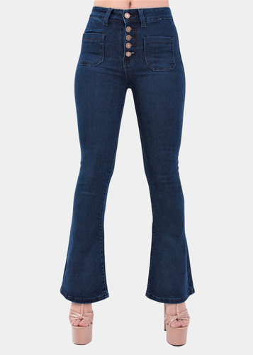 Jeans Flare Botones Elasticado Azul Marino