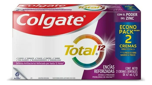5 Pza Pasta Dental Colgate Total 12 EncĂas Reforzadas 2x67 M