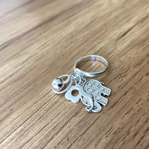 Imagen 7 de 10 de Anillo Plata 925 Elefante Y Dijes Colgantes Ajustable Agalea