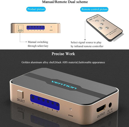 Divisor Hdmi. Vention - Conmutador Hdmi (5 X 1 Puertos, 5 En