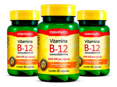 Kit 3 Vitamina B12 Cianocobalamina 100% Idr 60 Cap Maxinutri Sabor Sem Sabor