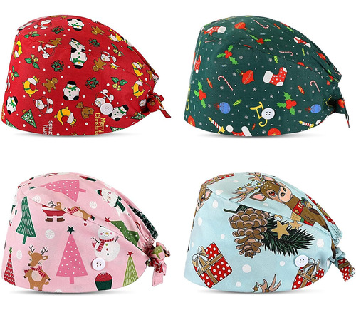 Tarpop 4 Pcs Christmas Scrub Caps Ajustable Navidad Pr...