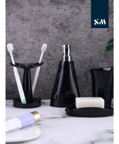 Juego De Baño Kit Accesorios Blanco Y Negro 4 Piezas
