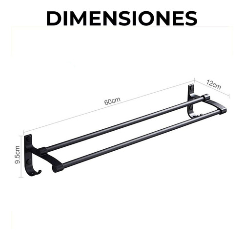 Toallero De Baño Doble Barra Desnivel Con Gancho Negro