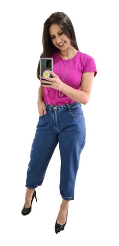 Calça Jeans Mom Sawary Feminina Com Bolsos Azul Tendência