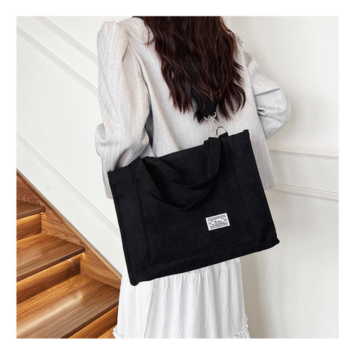 Bolso Universitario Mujer Elisabeth&co Nictionxl, Cartera Mujer Grande De Tela Corderoy Negro Reforzada Con Correa Desmontable Y Ajustable. Ideal Para La Facultad Universidad Uso Diario.