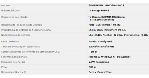 Interface De Áudio Behringer Umc22 Uphoria Usb