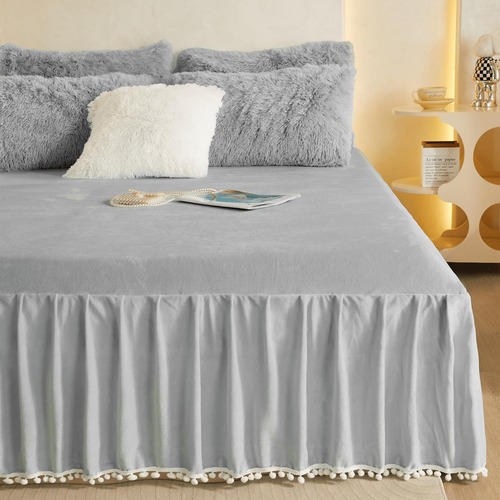 Falda De Cama De Terciopelo Con Borlas Pom Pom, Falda De