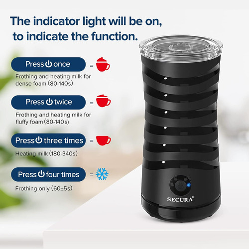Espumador De Leche Secura 4 En 1, Caliente O Fria, Negro