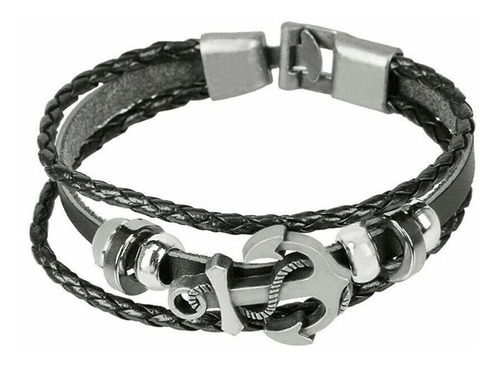 Brazalete Pulsera De Cuero Hombres Ancla Negro