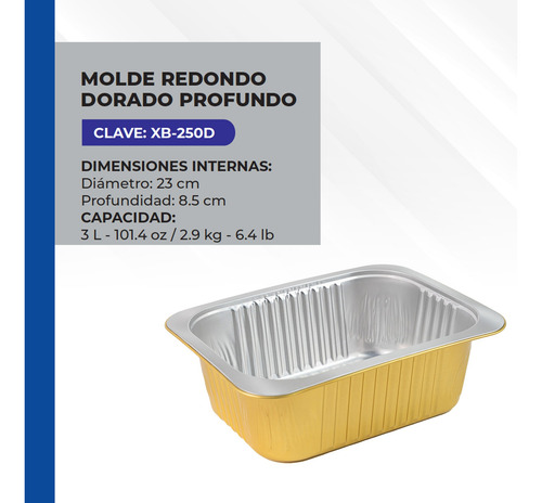 Molde De Aluminio Rectangular Dorado Profundo 20x14.5cm 50pz Dorado