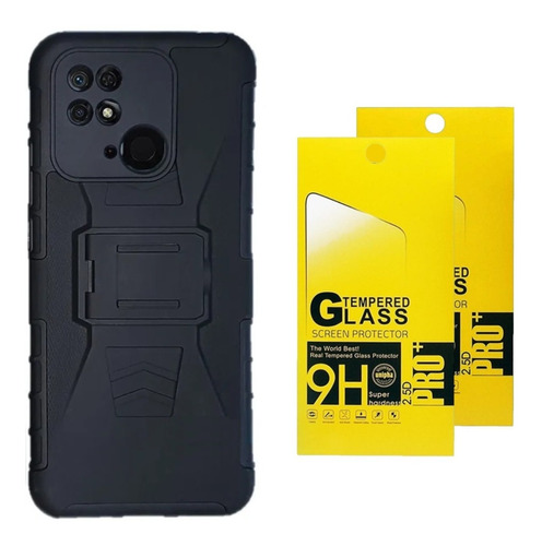 2 Micas + 1 Funda Uso Rudo + Clip Para Xiaomi Poco C40 Negro