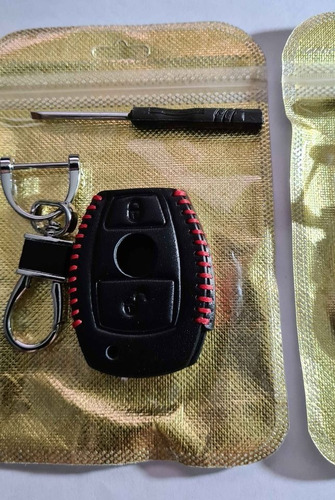 Funda Cuero Cocido Hilo Rojo Llave Mercedes Benz 2 Botones