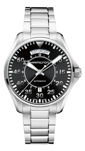Reloj Hamilton Khaki Aviation Pilot Day Date Auto H64615135 Correa Plateado Bisel Plateado Fondo Negro