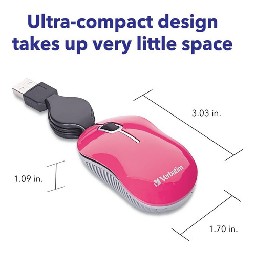 Imagen 3 de 4 de Mouse Verbatim Mini Travel Optico Cable Retractil Usb Rosa