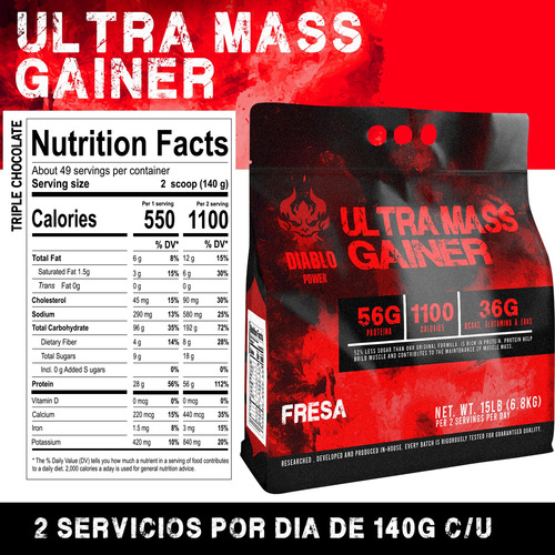 Suplemento Polvo Ultra Mass Gainer Diablo Power 6.8 Kg Fresa